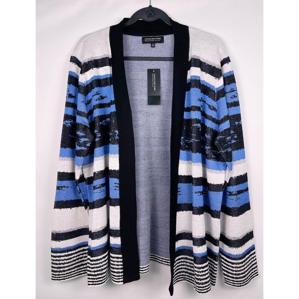 NWT Jones New York Blue and Black Striped Open Cardigan Sweater Size 2X